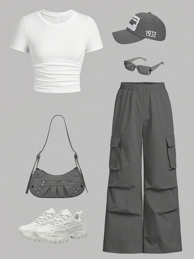 Directional Round Neck Short Sleeve T-Shirt and Work Pants Set.