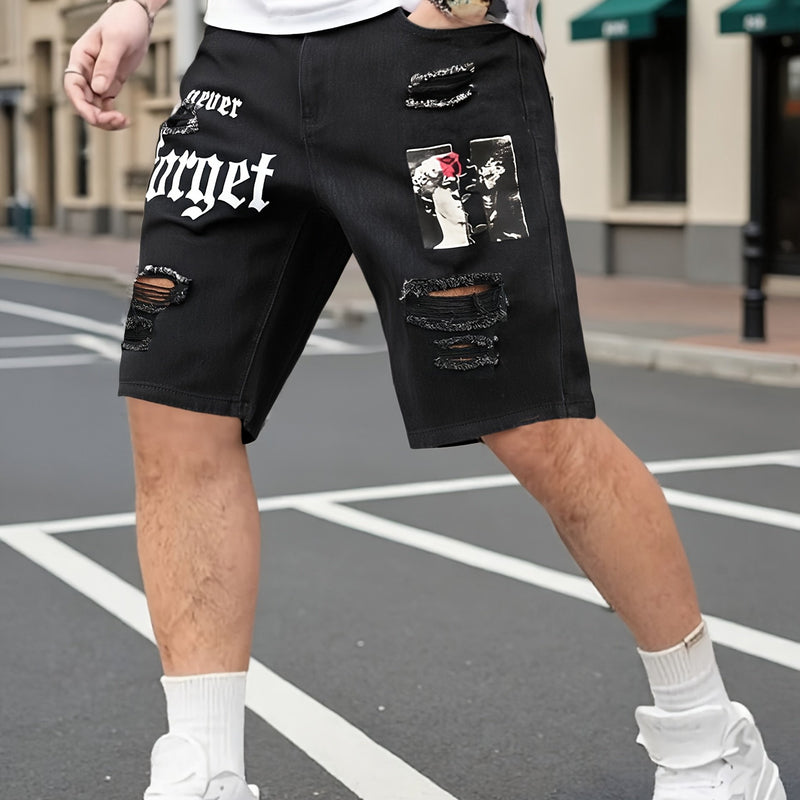 Men's Denim Shorts, Light Blue, Perforated Design, Printed, Loose Fit, Non Stretchy.