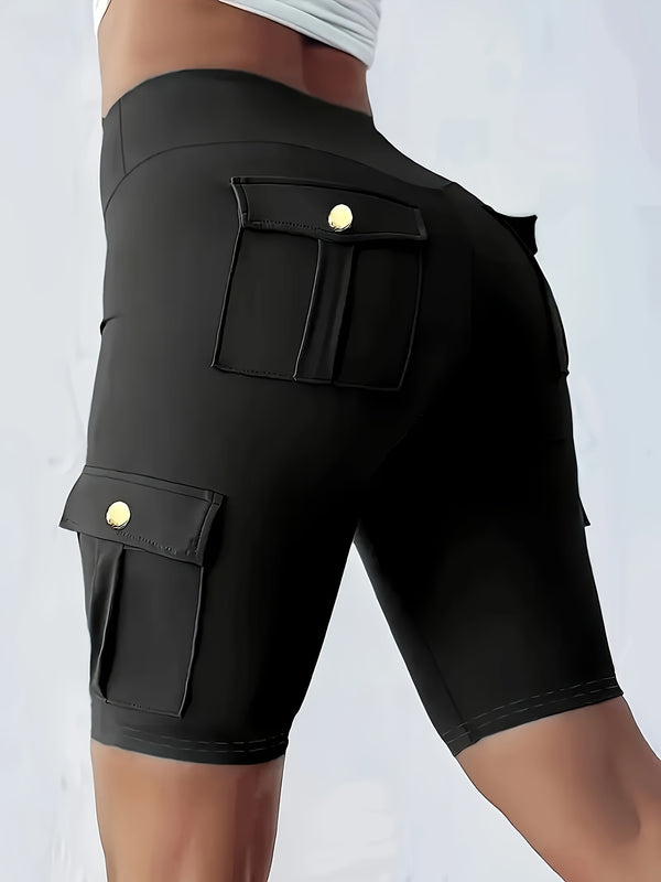 High-Waist Women's Solid Color Athletic Yoga Cargo Shorts for Exercise & Fitness.
