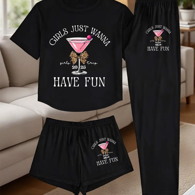 A Three-Piece Women's Loungewear Set, Featuring a Printed Design.