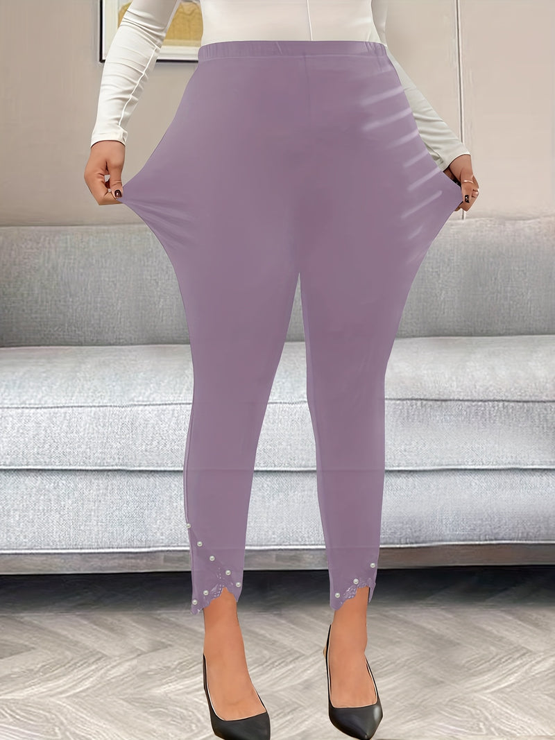 Women’s Elegant Solid Color Plus-Size Pants with Pearl Lace Trim.