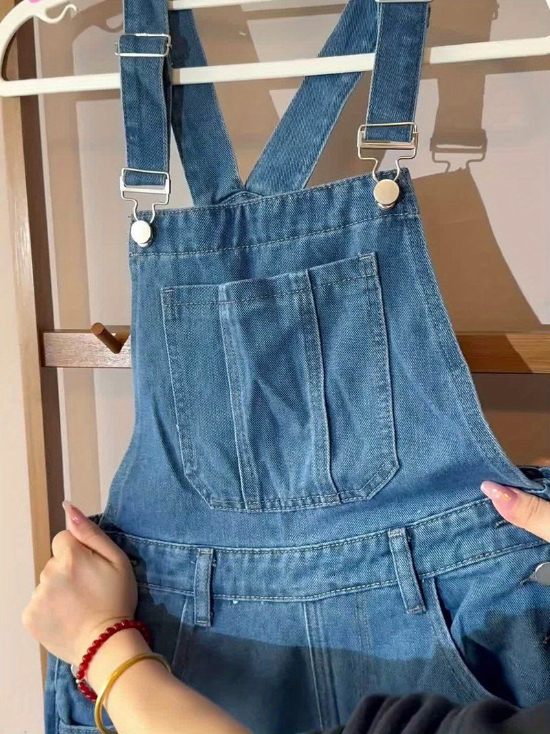 Women's Suspender Wide-Leg Pants, Solid Color Casual.