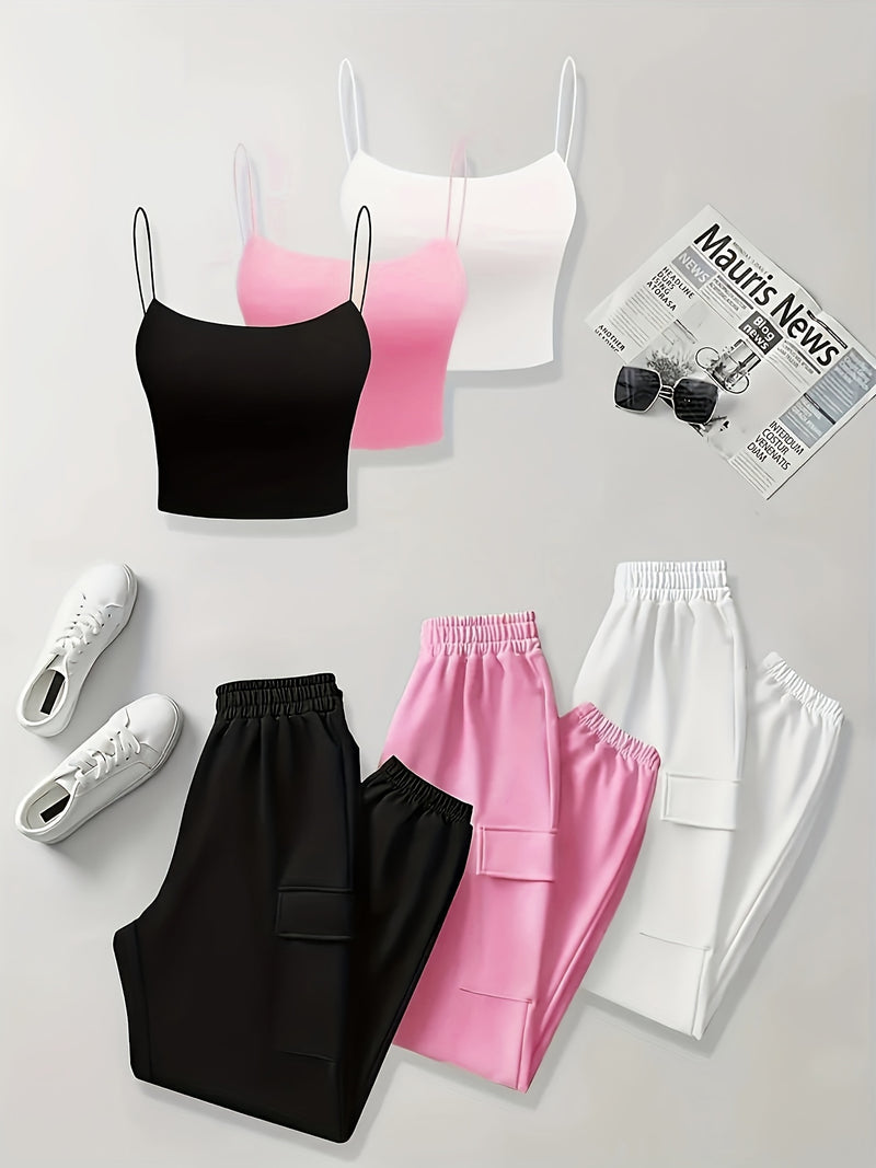 Set of 6 Items Including a Women's Thin Strap Tank Top And Solid Color Long Pants.