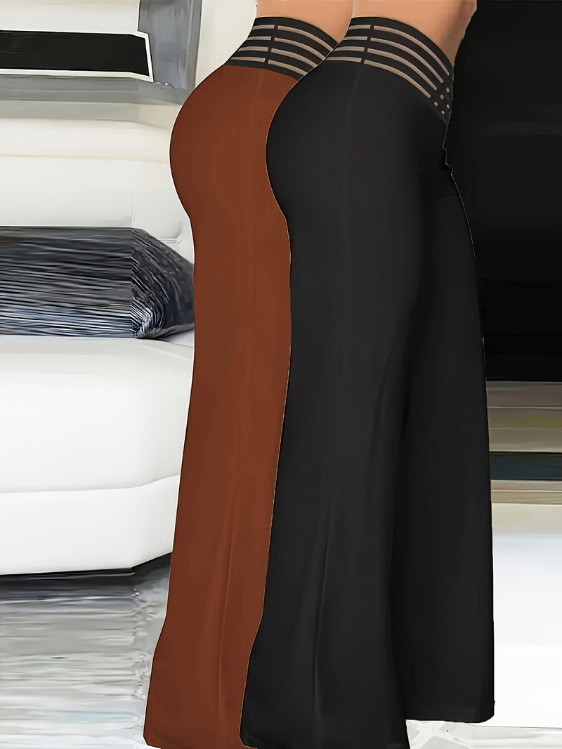 2pcs Women’s Fashion Solid Color Cross Transparent Mesh Patch High-Waisted Pants.