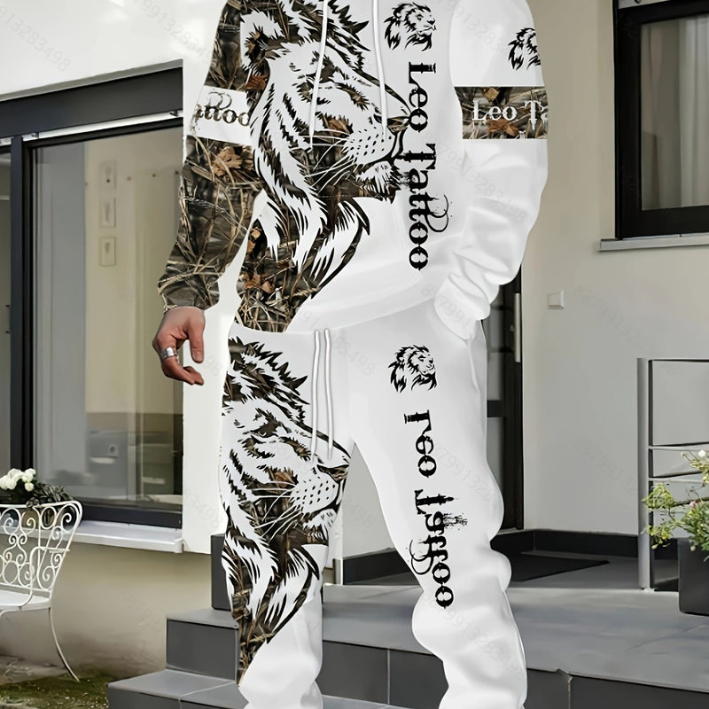 Polyester Hooded Tracksuit Set for Men - Casual Geometric Lion Print.