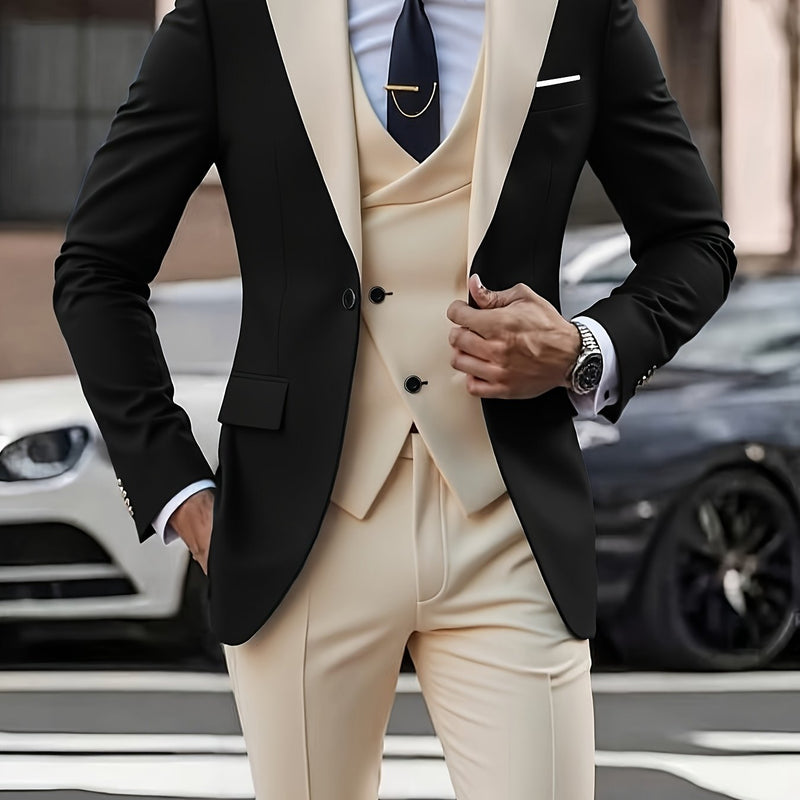 Men's 3pcs Suit Set, Blazer + Vest + Trousers.