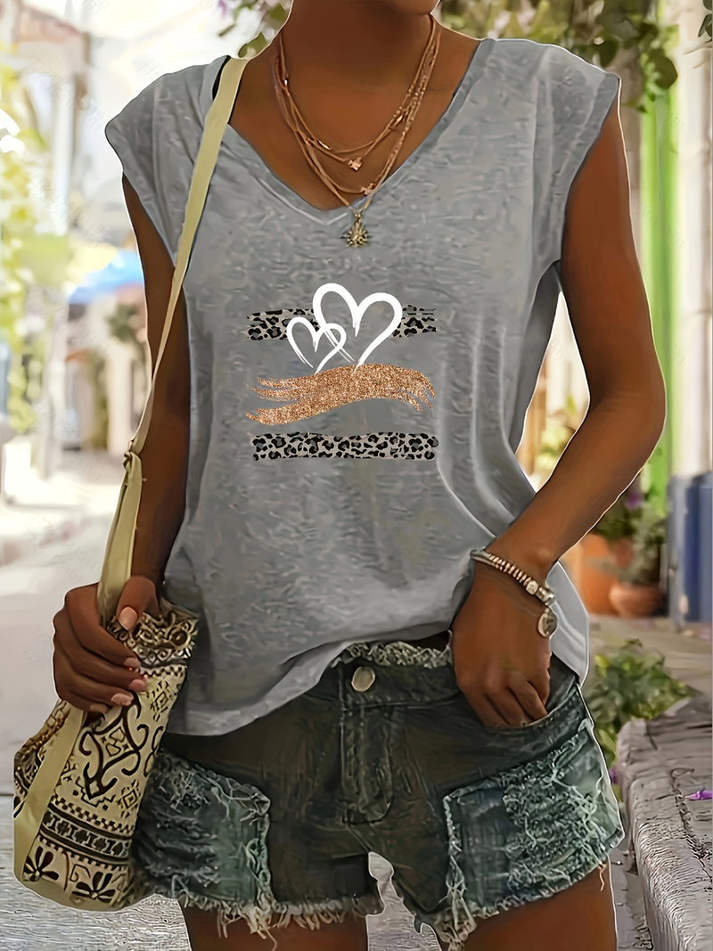 3pcs Set of Casual Floral, Heart, And Leopard Print Round Neck Fitted T-Shirts for Women.