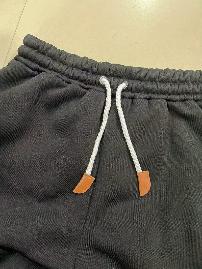 Men's Solid Color Loose Sports Pants, Micro Elastic Warm Thick Casual Pants.