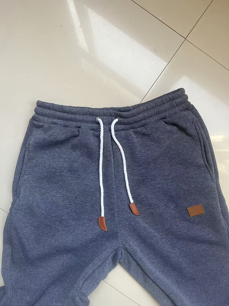 Men's Solid Color Loose Sports Pants, Micro Elastic Warm Thick Casual Pants.
