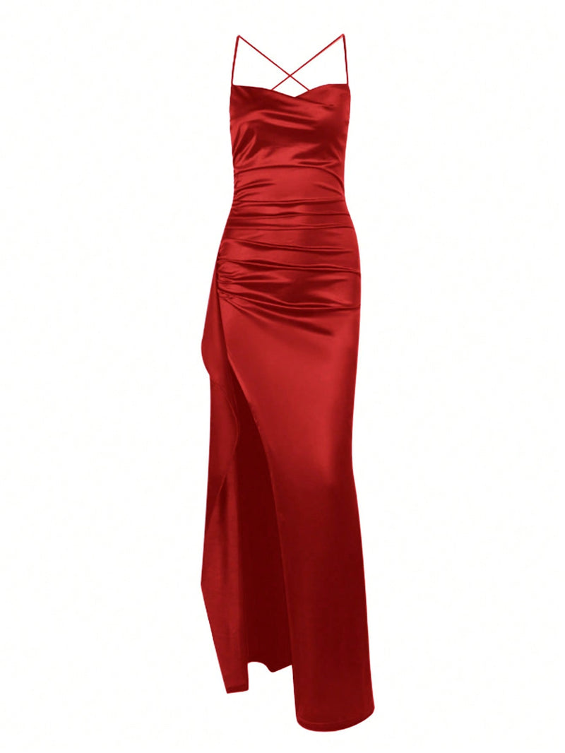 Elegant Sexy Satin Strapless Frill Trim Waist Party Dress.