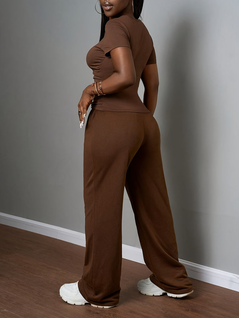 Women's Fashion Slimming Drawstring Wide Leg Pants Set.