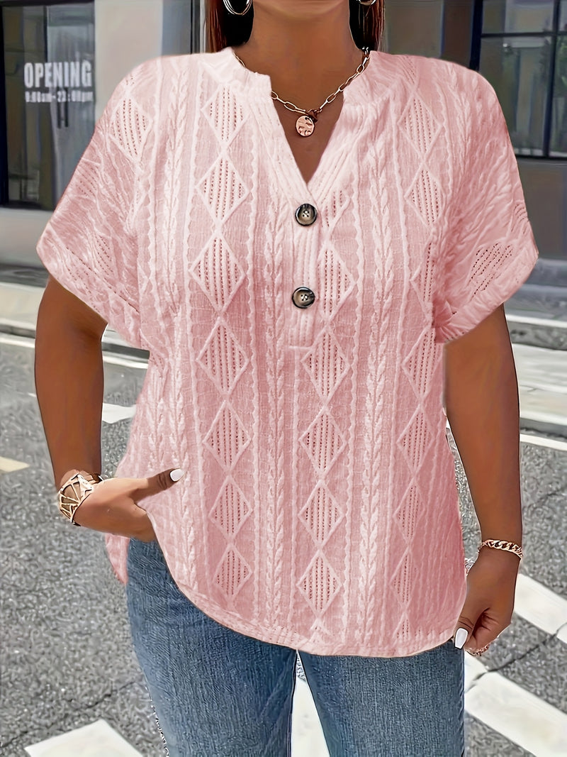 Women's Short-Sleeve V-Neck Solid Color Jacquard Hollow-Out Two-Piece T-Shirt.