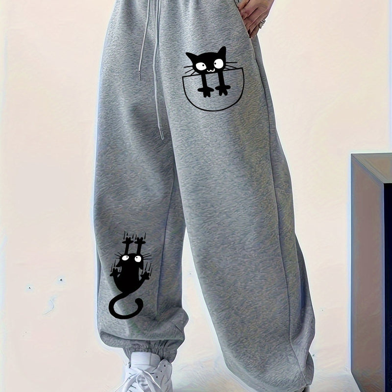 Women’s New Style, Cat Print Design, Solid Color Loose-Fitting Cuffed Joggers.