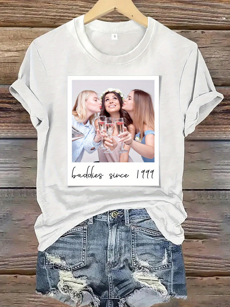 Women’s Custom Polaroid Photo & Text Commemorative T-Shirt.