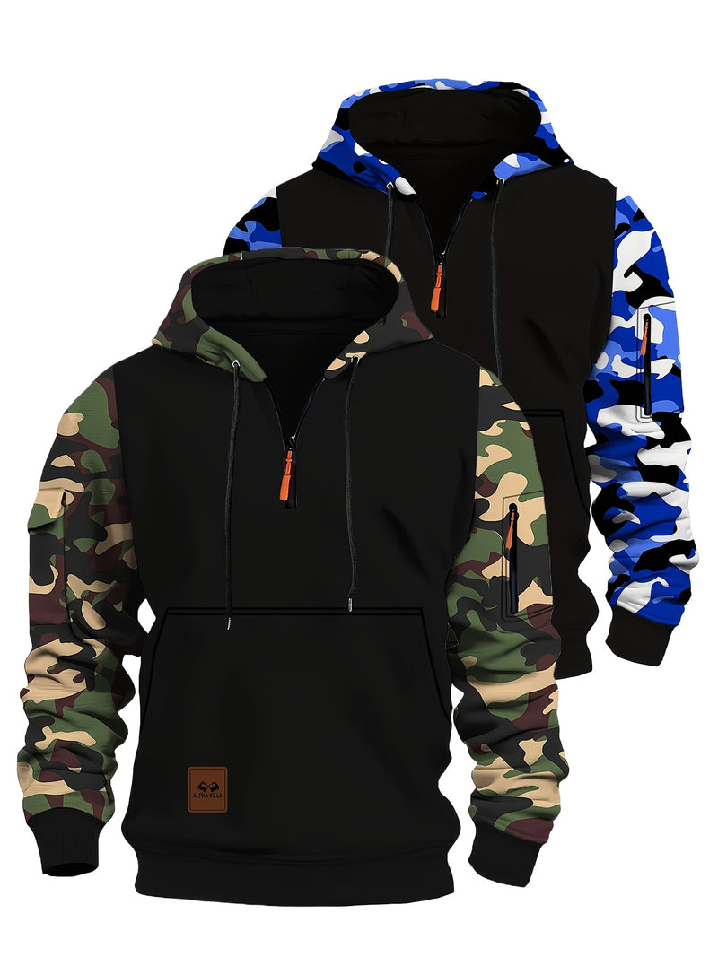 Men’s A Set of Two Trendy Camouflage Hoodies with a Half-Zip Design.