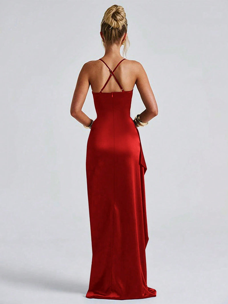 Elegant Sexy Satin Strapless Frill Trim Waist Party Dress.