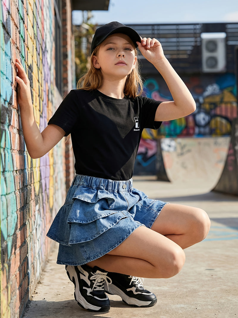Girls' Summer Fashion Versatile Ruffle-trim Denim Shorts, Comfortable Lightweight.