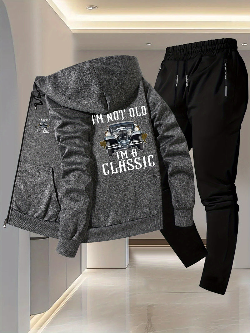 Men's Vintage Car Print 2pcs Suit Set - Slim-Fit Hooded Jacket & Pants.