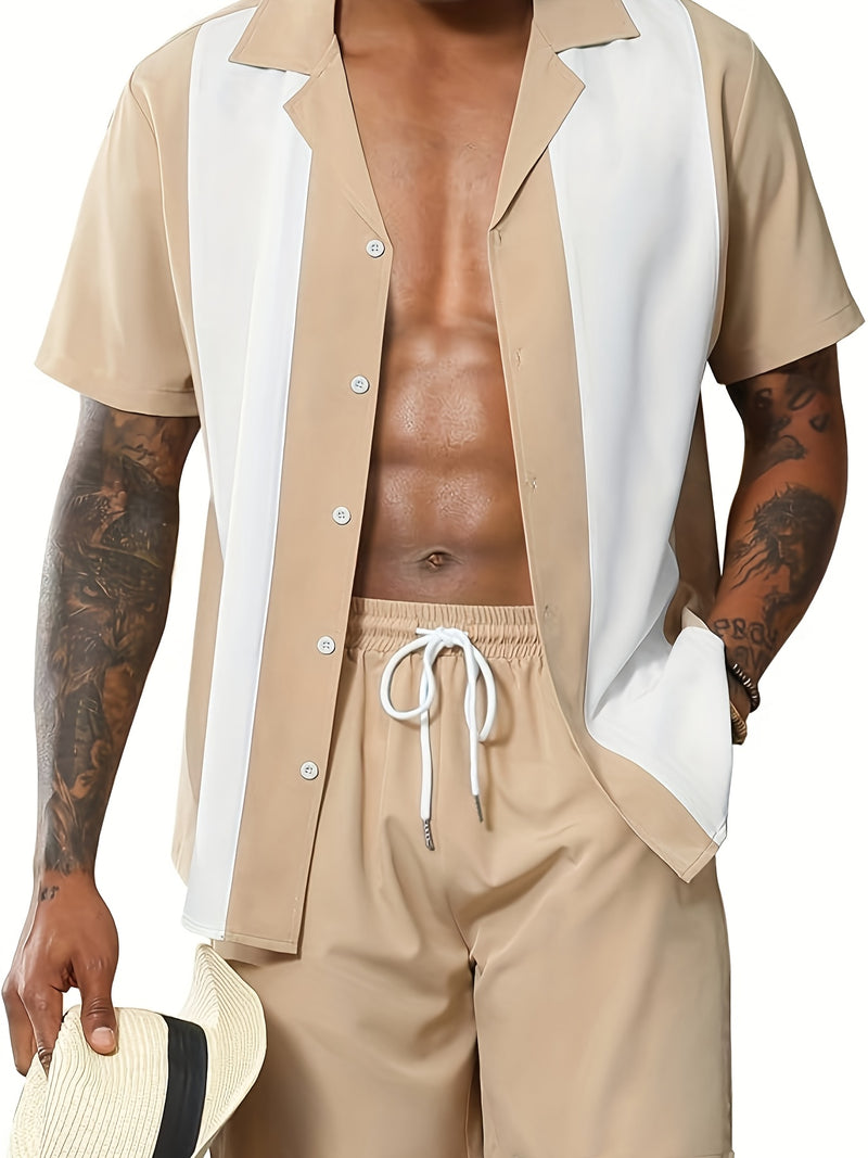 Men's Casual Khaki & White Striped Cuban Collar Shirt and Shorts Set.