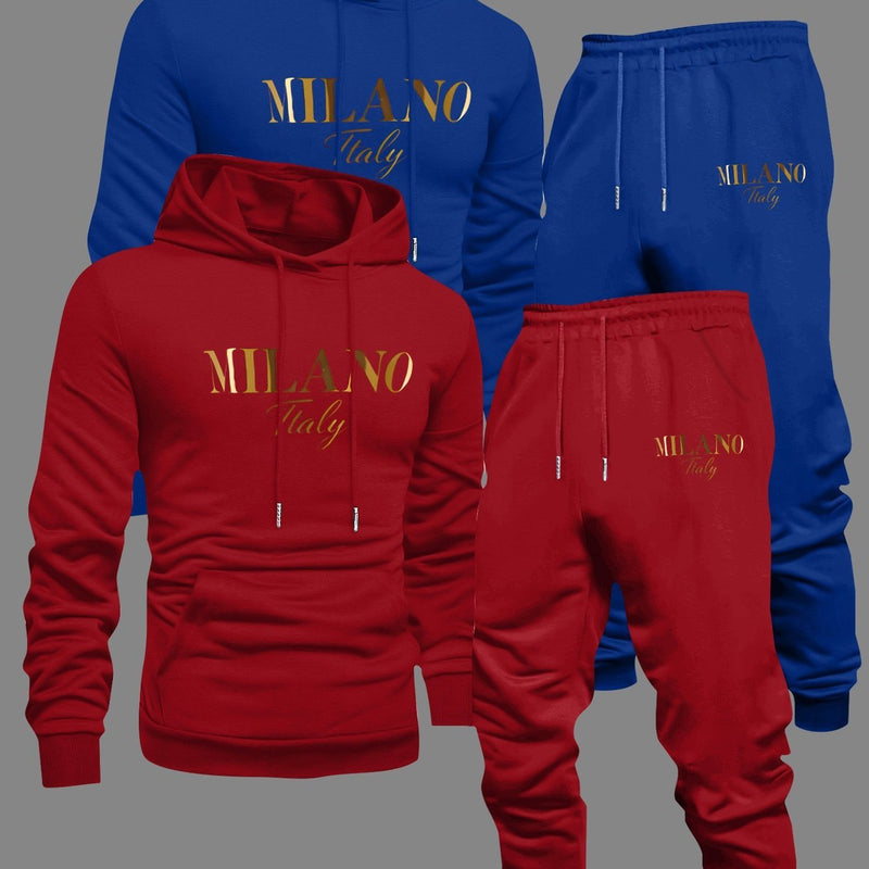 Men's Fashion Slogan Hoodie Four-Piece Set with Drawstring Elastic.