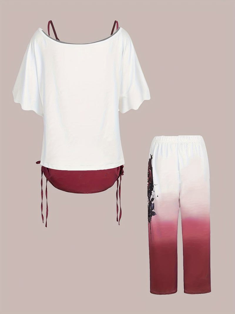 Women’s Off-Shoulder Top with Butterfly Print And Three-Quarter Pants.