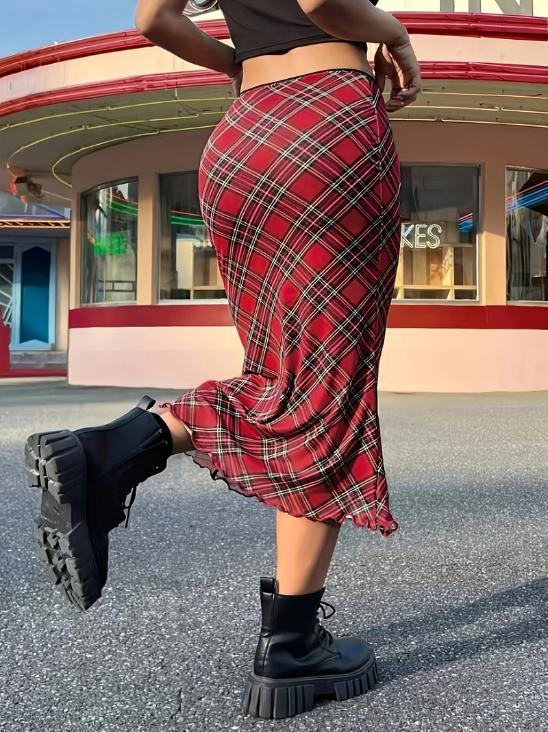 Women's Spring/Summer Floral Ruffle Hem Midi Skirt with Plaid Print.