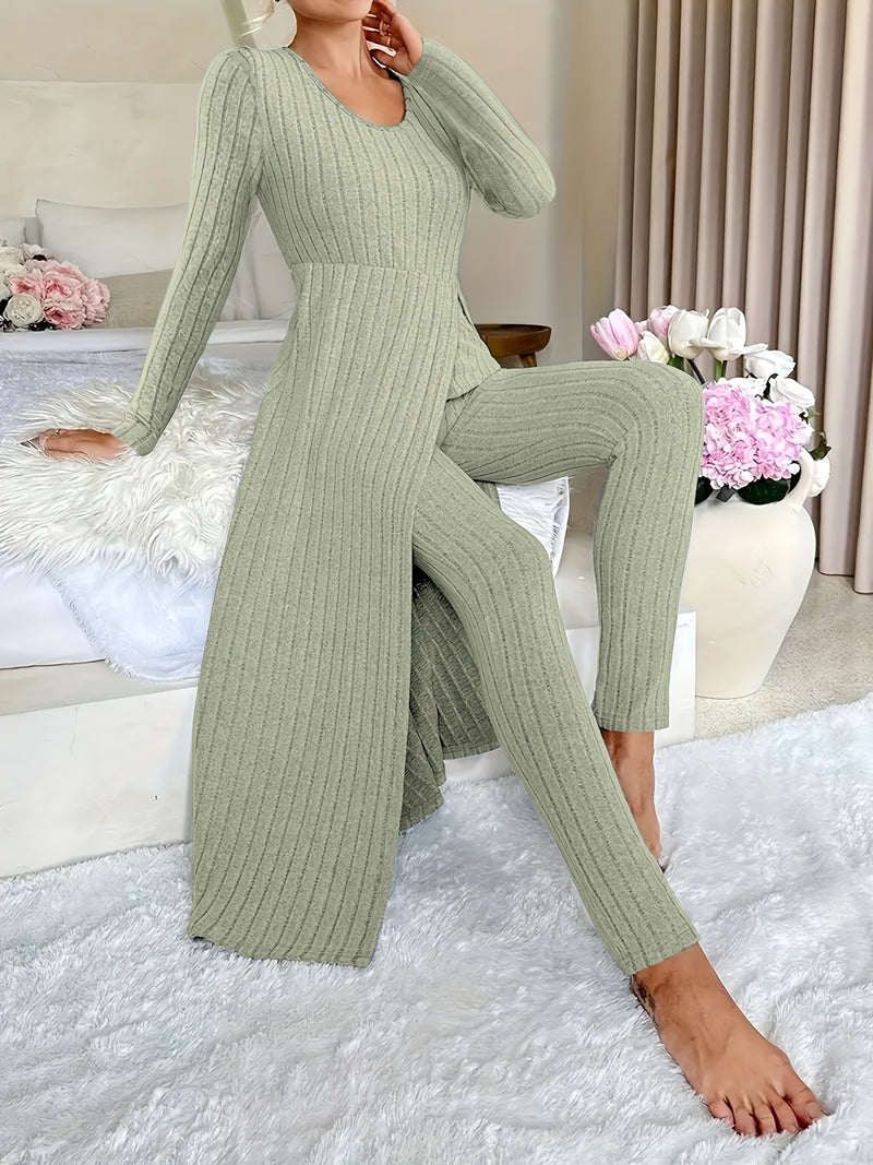 2pcs Women's Designer Round Neck Split Long Sleeve Top and Pants.