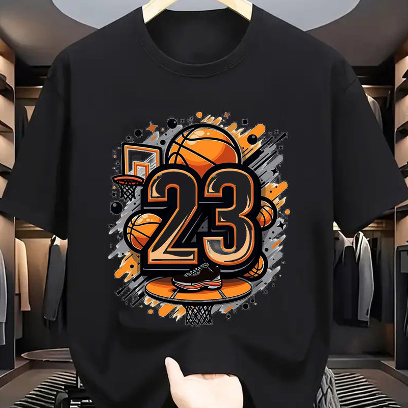 Men's Summer Casual T-Shirt with Vibrant Basketball Graphic Print.