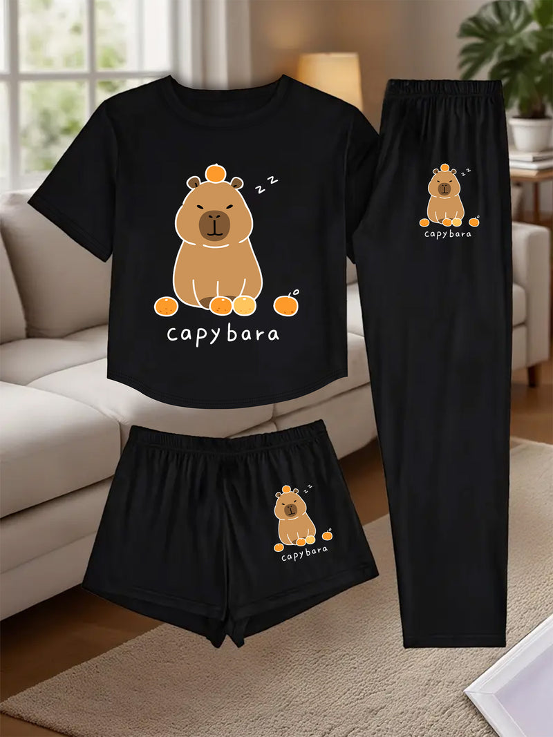 A Three-Piece Women's Loungewear Set, Featuring a Printed Design.