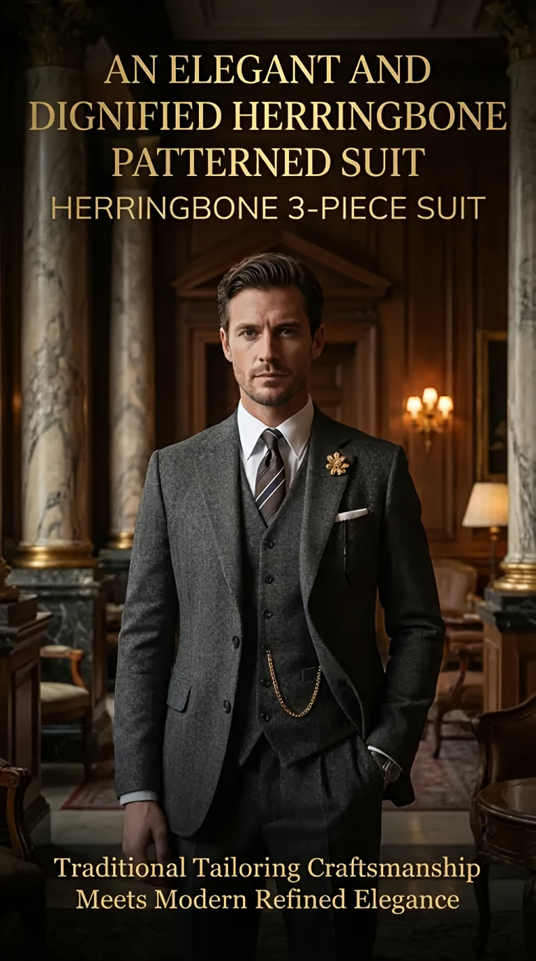 Men's Three-Piece Suit Made of Blended Herringbone Fabric.