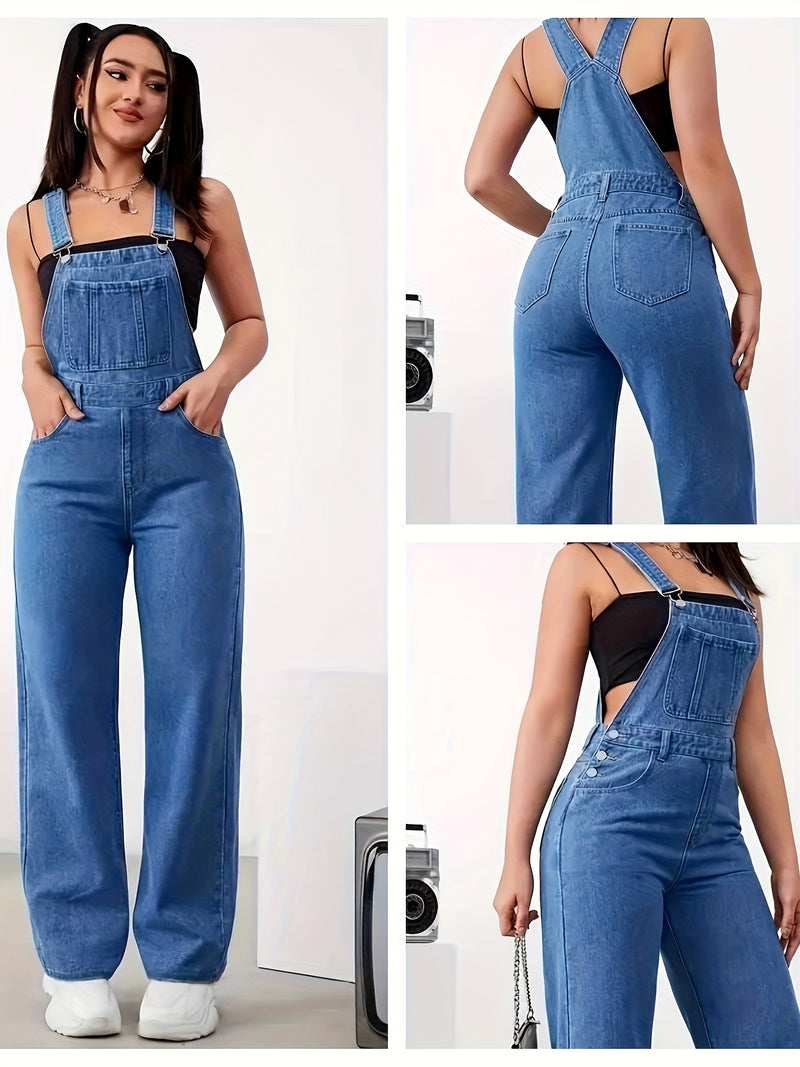 Women's Suspender Wide-Leg Pants, Solid Color Casual.