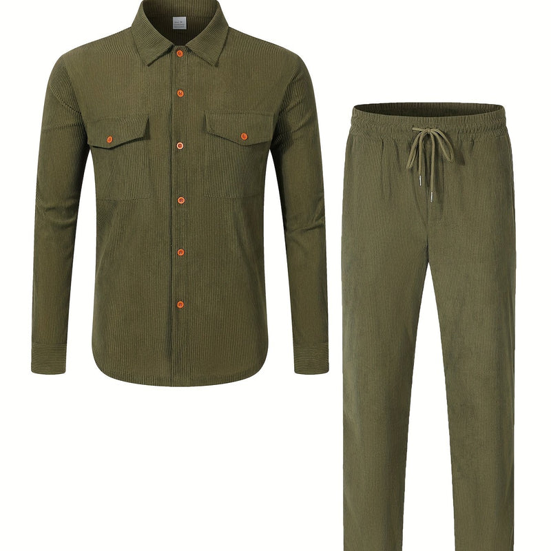 Men'S Casual Two-Piece Set - Olive Green Corduroy  Shirt & Pants.
