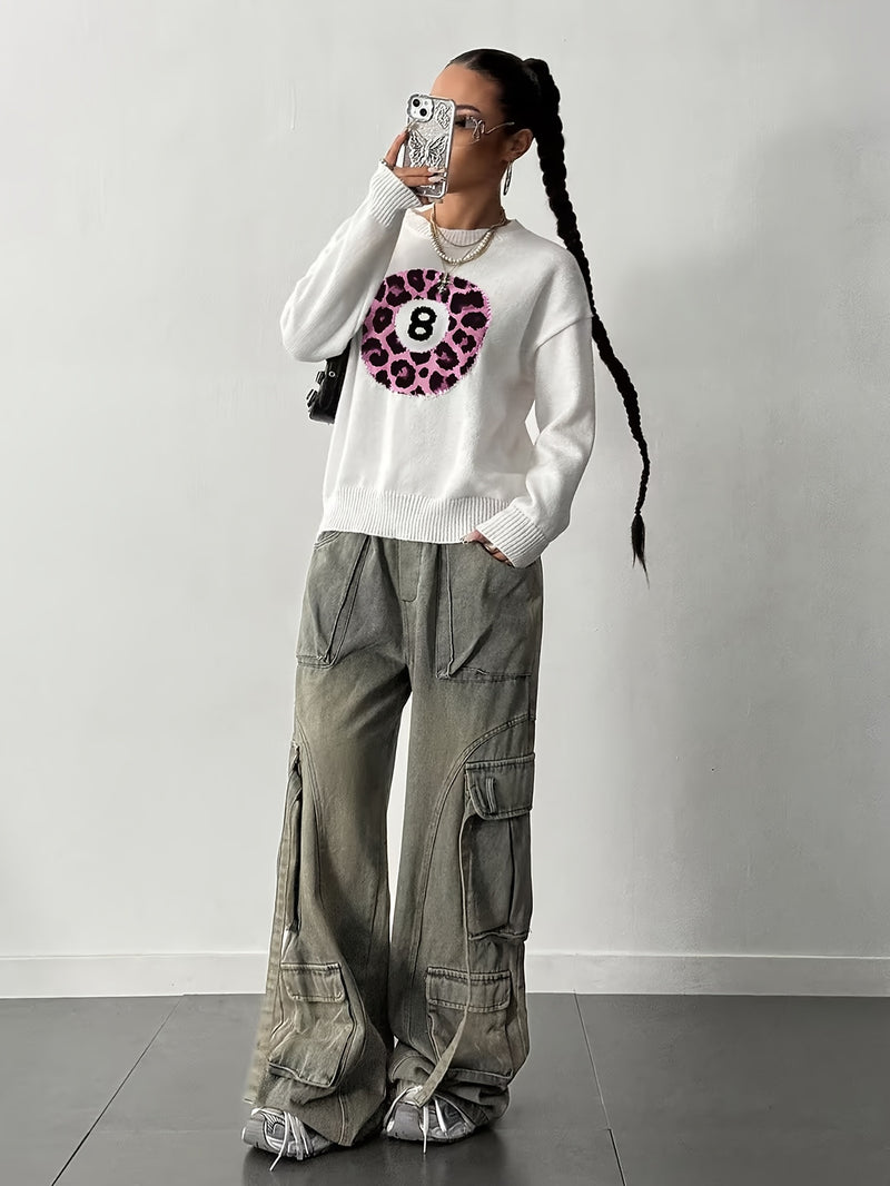 Women’s Fashion Casual Style Leopard Print Ball Design Billiard 8pcs Sweater.