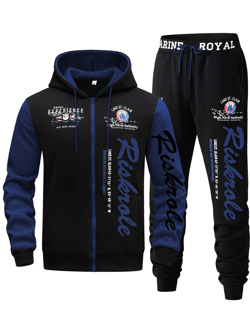 Men's Hooded Sweatshirt with Letter Print, Two-Piece Sports Running Outfit.