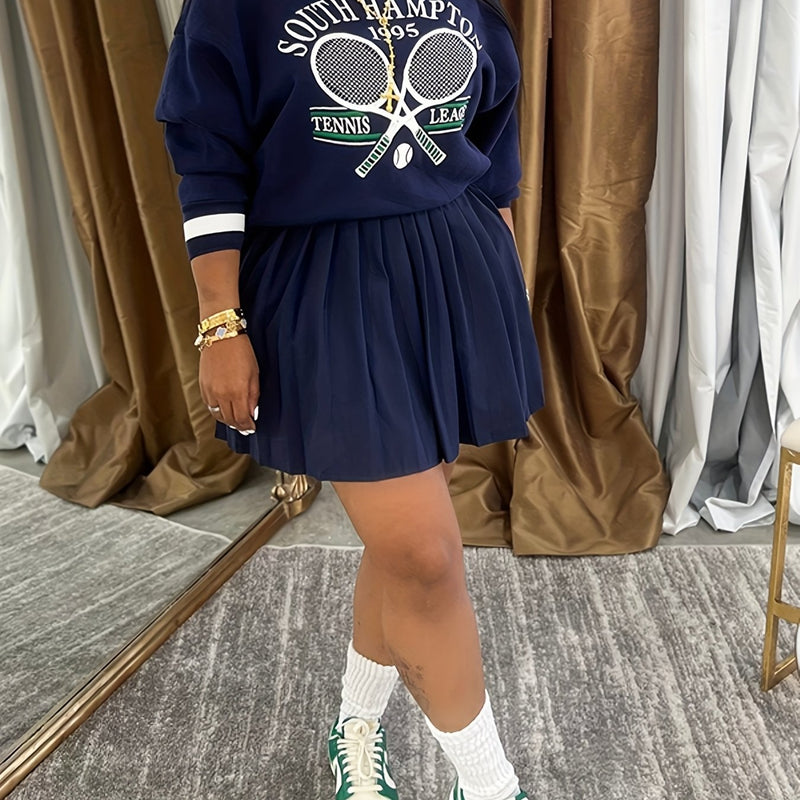 Women’s Printed Sweatshirt And Pleated Skirt Two-Piece Set.