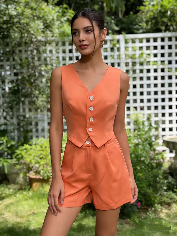 A Solid Color V-Neck Tank Top And Shorts Set for Women.