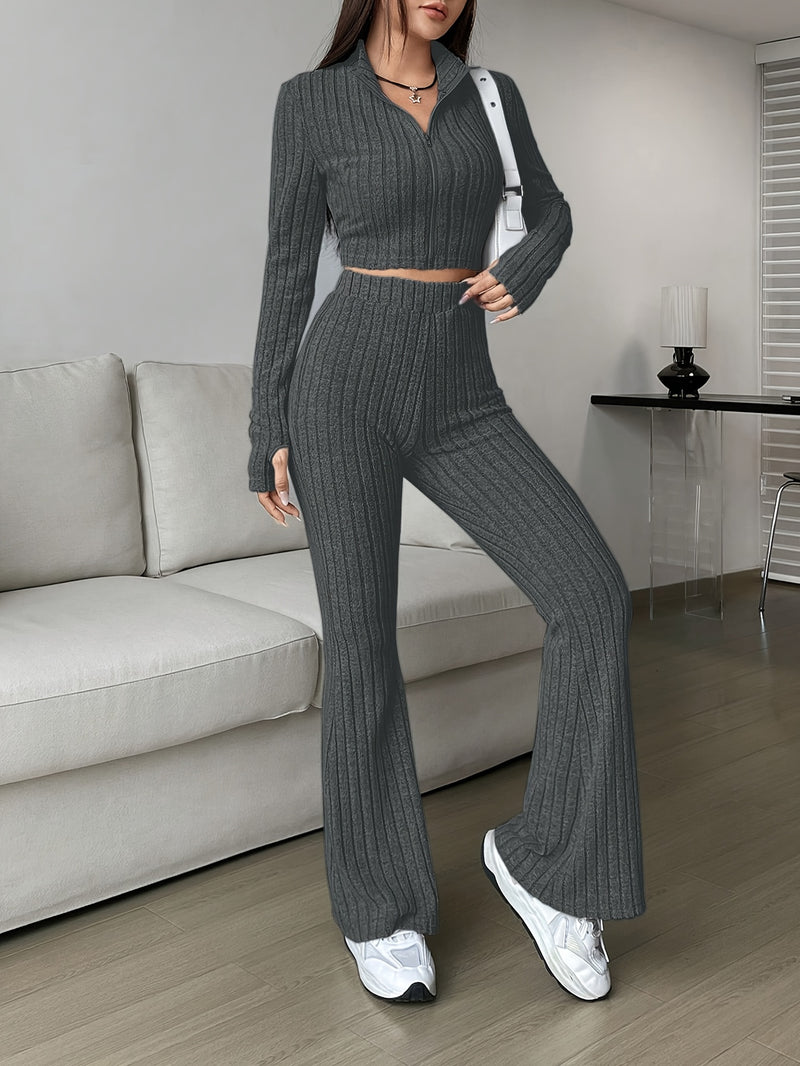 Women's Slim-Fit Zip-Up Shirt and Flared Pants Set.