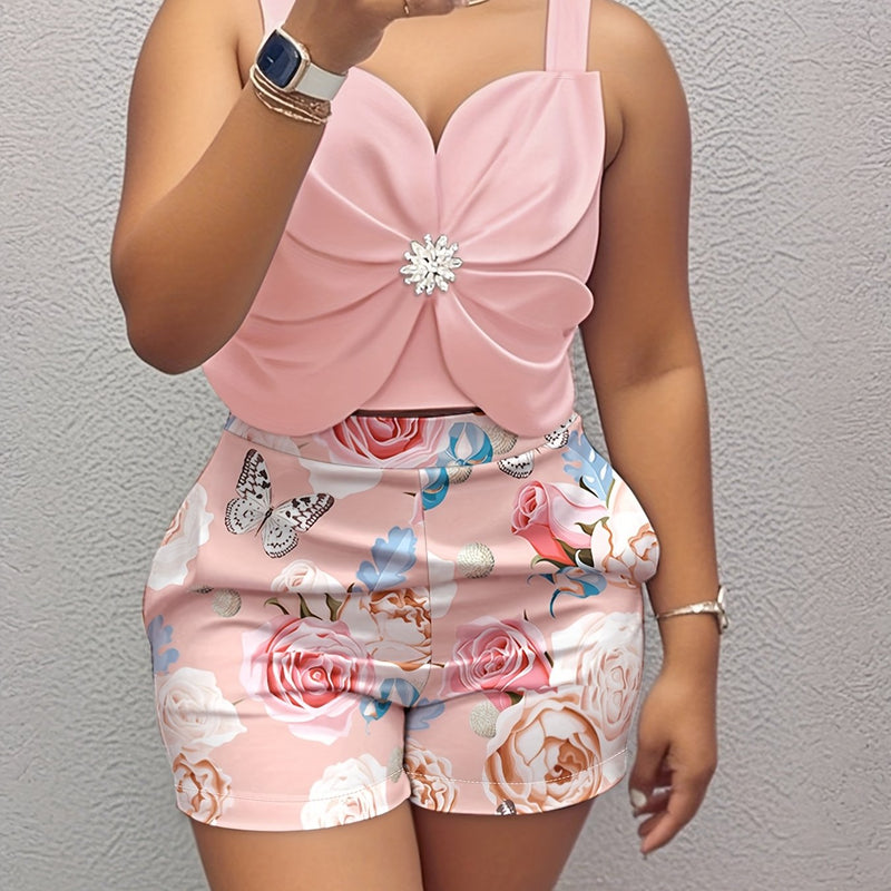 Women’s Solid Color Top with 3D Floral Rhinestones And Printed Shorts Two-Piece.