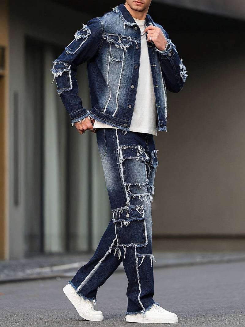 Men's High Street Style Distressed Raw Hem Patchwork Denim Set.