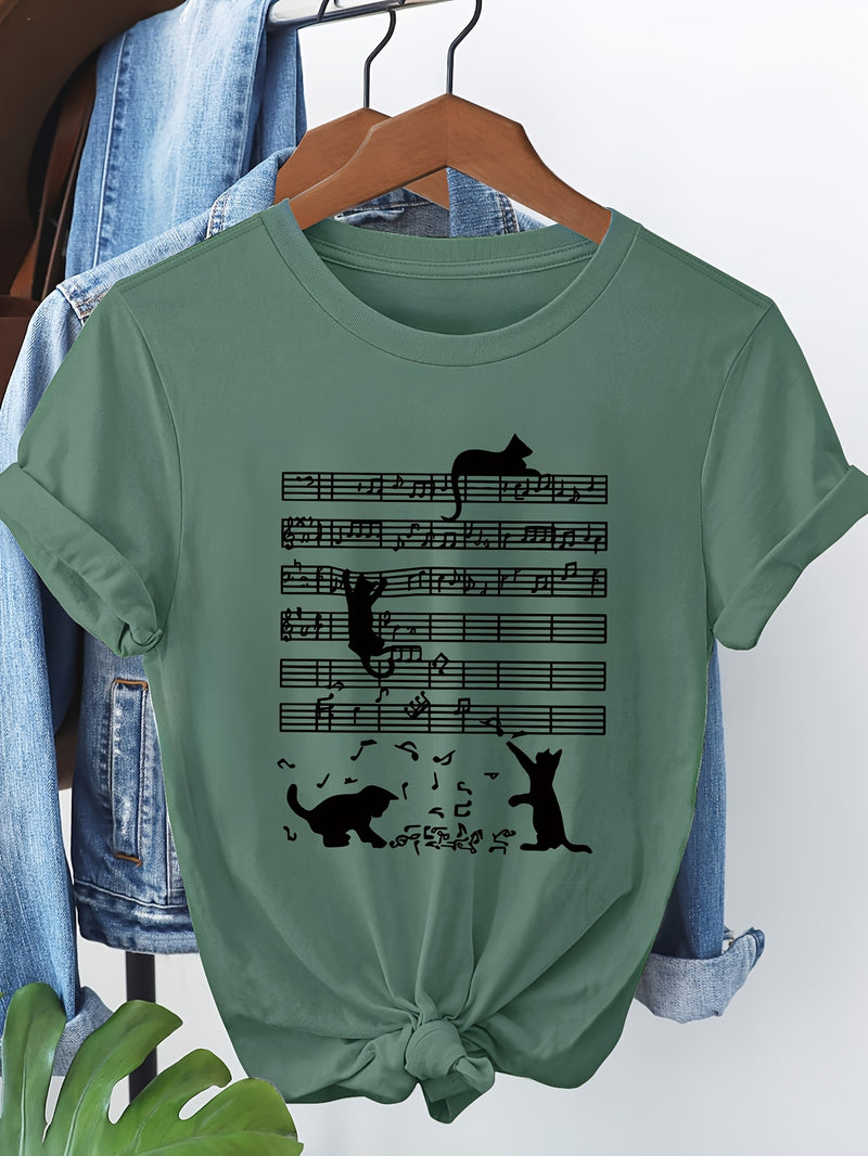 Women's Casual Short Sleeve T-Shirt with Music Note & Cat Print.