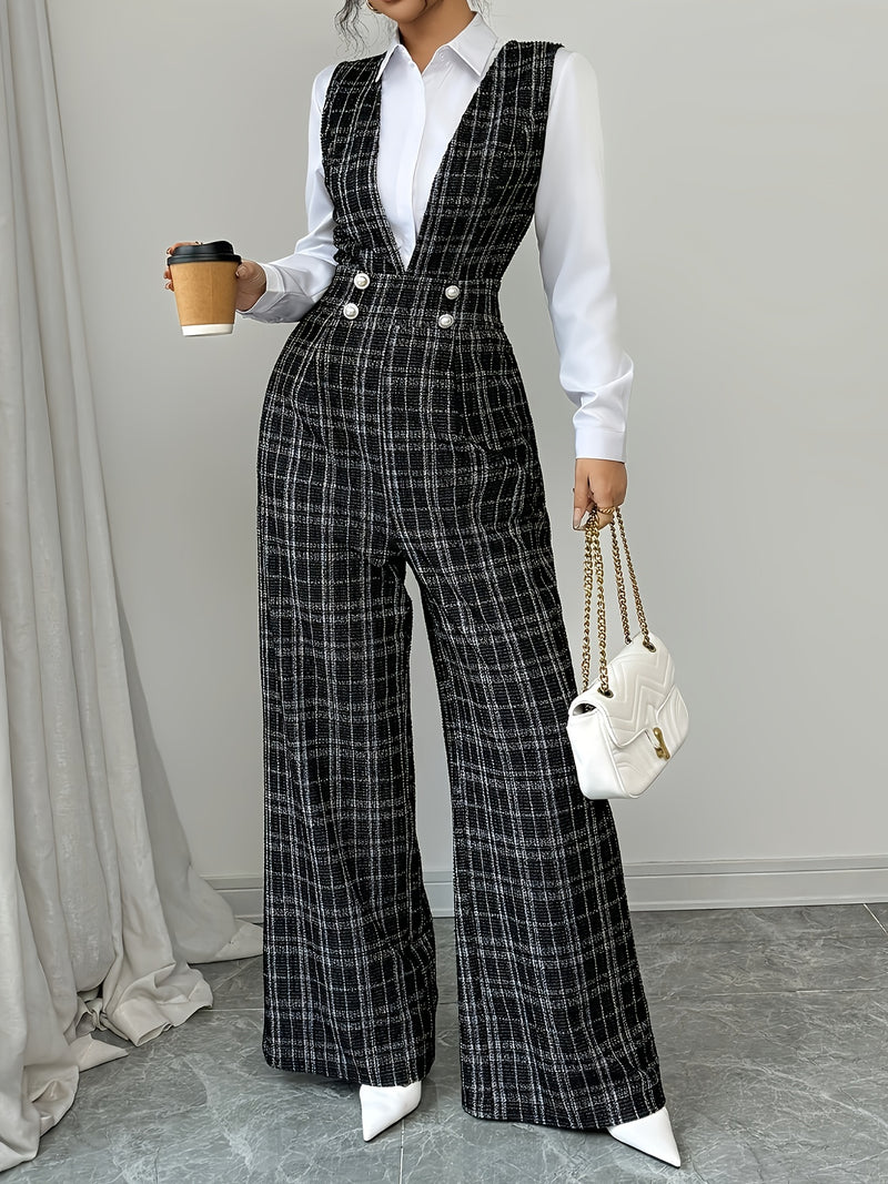 Women's Pearl Button Decorated Pocket Wide Leg Jumpsuit.