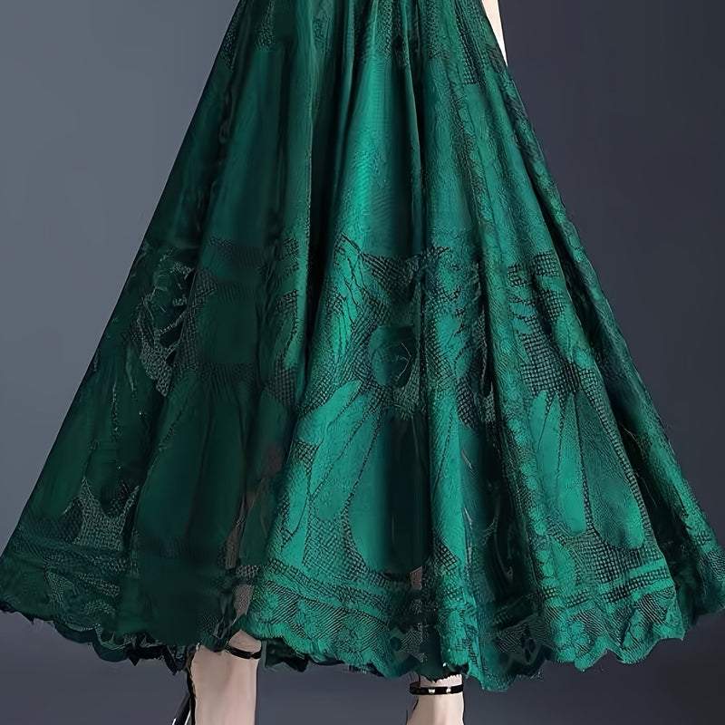 Elegant Women's A-Line Lace Skirt - Long Pleated Design.