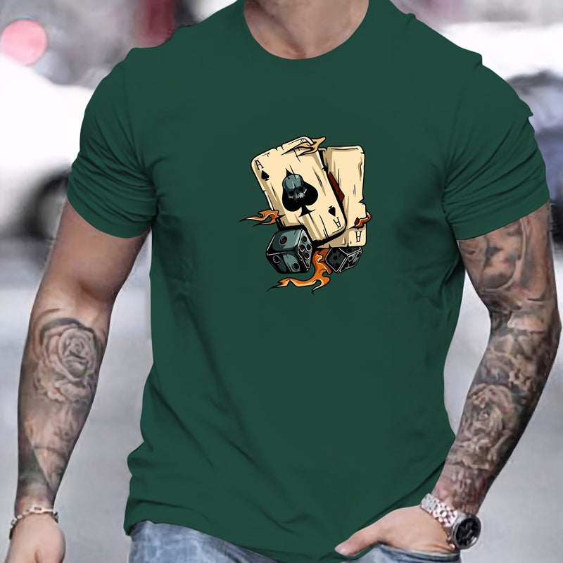 Men's Poker Card Pattern Summer Casual Crew Neck Short T-Shirt.
