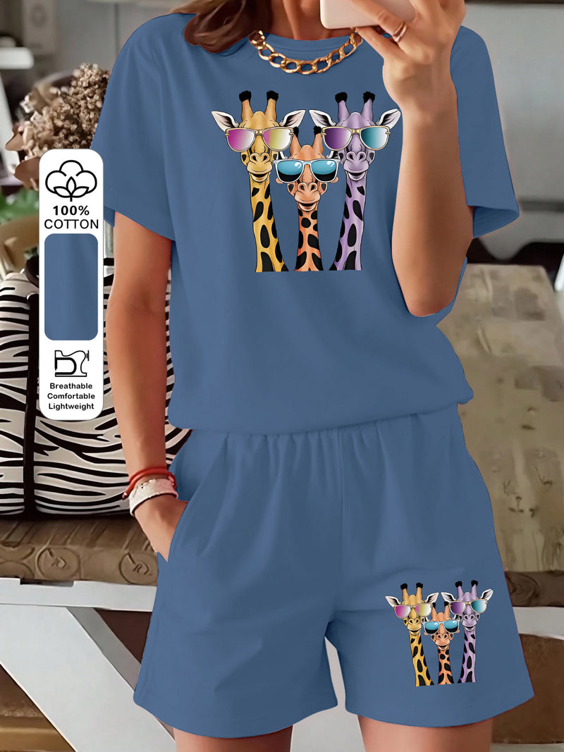 Women's Three-piece Fashionable Giraffe Print Short-sleeve Top and Shorts.
