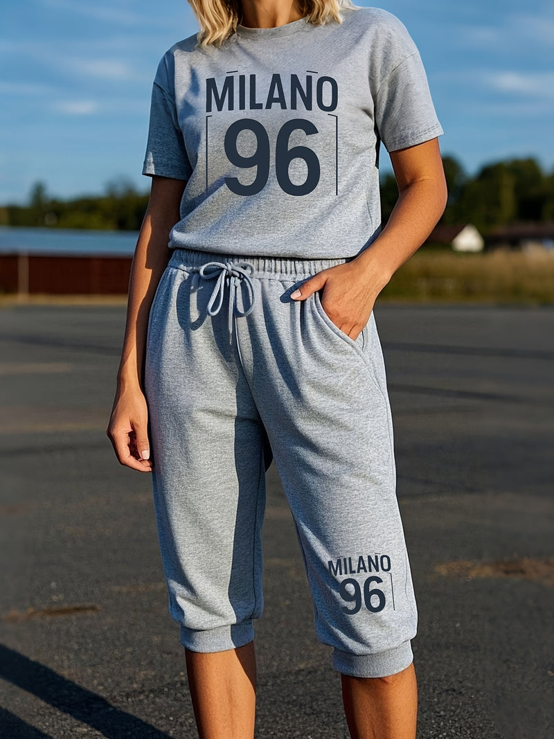 Women's Activewear Set - Retro Style, Short Sleeve T-Shirt & Drawstring Shorts.