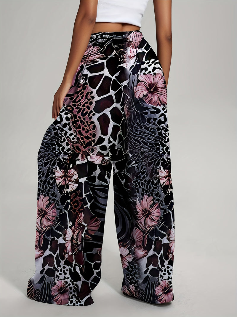 Women's Bohemian Floral & Animal Print High-Waisted Wide-Leg Pants.