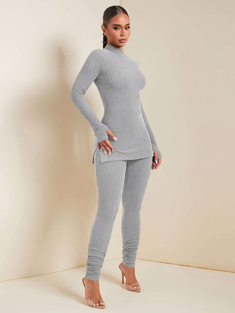 Women’s Fashion Casual Solid Color Stand Collar Long Sleeve and Pants Set.