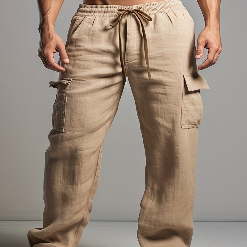Linen Drawstring Elastic Waist Multi-Pocket Casual Long Pants.