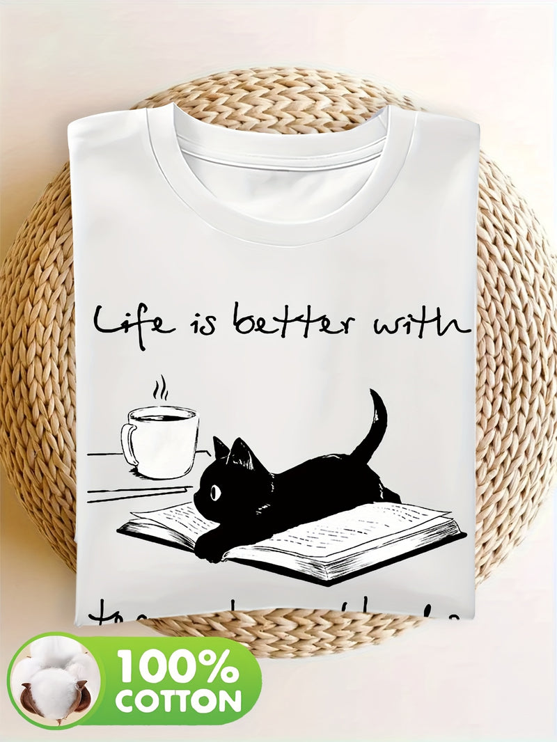 Women’s Casual Short Sleeve T-Shirt with Whimsical Cat & Book Art Print.