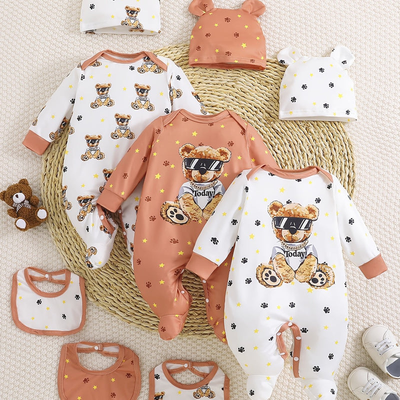 9pcs Newborn Infant Long-Sleeve Footed Bodysuit Set.